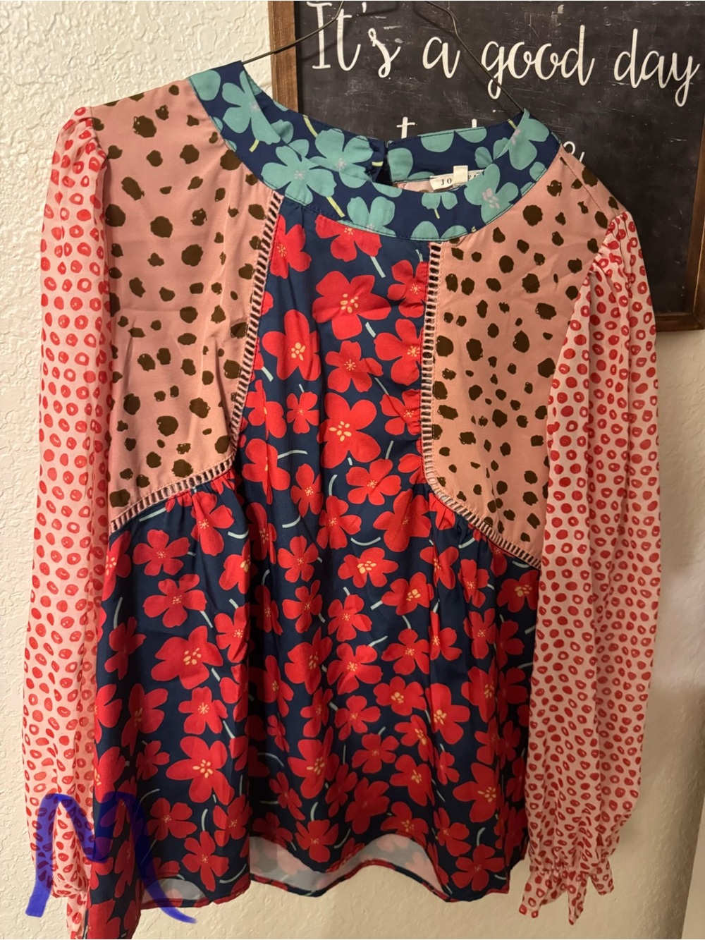 Colorblock Floral Mixed-Print Blouse - Navy & Coral